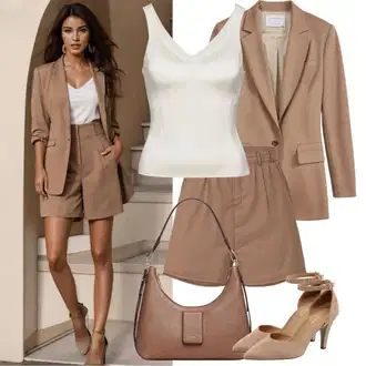 Krátké Velikosti Outfit s Hnědá/Černá Blůzové Sako/Kožená bunda pro muže/Elegantní Sako/Krátké Sako/Kožená Pánská Bund/Smokingové sako marella "Béžové Krátké Kalhoty Outfit"