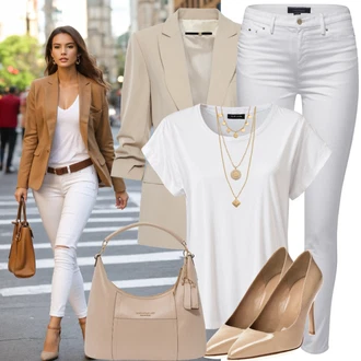 S Mašlí Outfit s Béžová/Hnědá/Bílá Lodička s vysokým nártem/Lodička s T-páskem/Lodička S Páskem/Lodička Slingback/Boty Mary Jane/Bota Na Podpatku/Lodička na Vysokém Podpatku/Lodička S Páskem bershka "Béžové Sako Elegantní Vzhled"