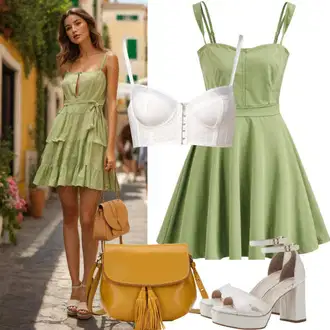 Outfit sa Tamnozelena/Kaki/Bež Mini Haljina/Haljina Bez Rukava/Haljina za ured/Duga pletena haljina/Uska Haljina/Pamučna haljina/Platnena Haljina/Haljina Ravnog Kroja/Mrežasta Haljina bershka "Boho Stil Haljine Ljeto"