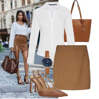 Outfit sa Smeđa/Bež/Kaki Mini Suknja/MiniSuknja Iz 70-ih/Vunena Suknja/Uredska Suknja/Suknja Iz 60-ih/Koledž Suknja/Suknja Školske Uniforme VERO MODA "Praktičan look"