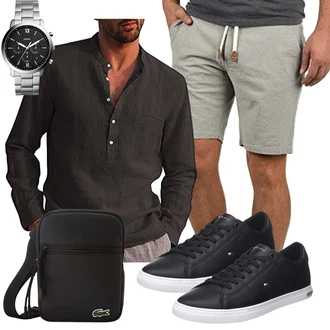 Old Money Outfit mit Khaki/Grau/Hellgrau/Beige Chino Shorts/Bermuda/Leinen-short/Musselin Shorts/Kurze Hose/Sweatshorts b BLEND "Business Outfit"Look: Classic, Smart Casual, Sportlich, Casual, Nahtlos, Coole, Italienische, Unisex, Old Money