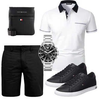 20er Jahre Outfit mit Schwarz Chino Shorts/Leinen-short/Bermuda solid "Casual Outfit"Look: Classic, Skater, Coole, Sportlich, Smart Casual, Casual, 20er Jahre, Schlichte, Lack, Premium