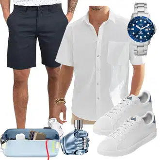 20er Jahre Outfit mit Dunkelblau/Grau/Blau/Dunkelgrau/Hellblau Chino Shorts/Bermuda/Leinen-short solid "Casual Outfit"Look: Classic, Preppy, Smart Casual, Sportlich, Coole, Casual, 20er Jahre