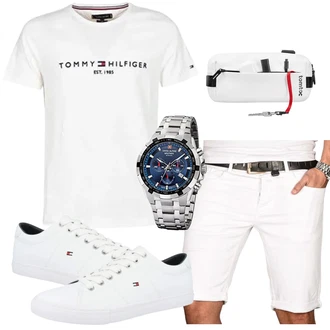 Outfit mit Creme/Weiß/Khaki Jeans Short/Bermuda/Chino Shorts/Leinen-short/Kurze Hose/Musselin Shorts Alessandro Salvarini "Casual Outfit"