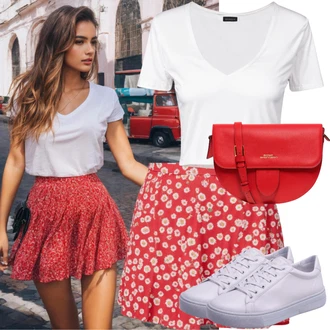 Outfit s Červená/Tmavě červená/Růžová Krátká Sukně/Tenisová Sukně/Kalhotová sukně/70tá Léta Minisukně bershka "Červená mini sukně letní outfit"