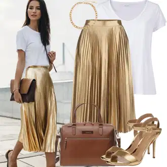 Outfit s Béžová/Khaki/Žlutá/Bílá/Zlatý/Oranžová Svatební Sukně/Sukně Pro Matriku/Slavnostní Maxi Sukně/Dlouhá Sukně/Italská Sukně/Maxi Sukně/Vintage Sukně maxi/Křesťanská Sukně/Plisovaná Sukně/Sukně Pro Svatebního Hosta ONLY (tall) "Chladnější outfit s zlatými plisovanými Sukněmi a bílým tričkem"