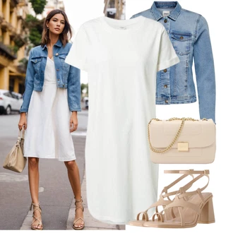Outfit s Šedá/Krémová/Bílá Tričkové šaty JdY "Skvělý vzhled pro volný čas"