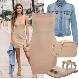 Outfit s Béžová/Hnědá Šaty S Rovným Střihem/Šaty Ze Síťoviny/Přiléhavé Šaty/Šaty Na Ramínko/Šaty na tenké ramínko/Podvazkové šaty Noisy may "Skvělý pro volný čas"