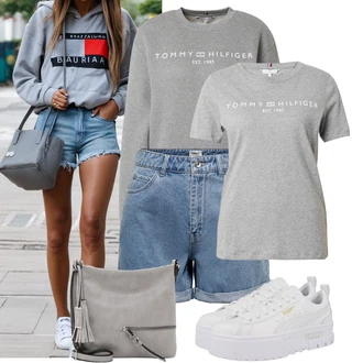 Outfit s Šedá/Tmavě šedá Fleecová Mikina/Kožená bunda/Sportovní mikina Tommy Hilfiger "Lehký outfit"