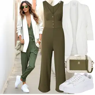 Outfit sa Tamnozelena/Kaki Ljetni kombinezon/Elegantni kombinezon/Kombinezon širokih nogavica/Kombinezon s patentnim zatvaračem/Plisirani kombinezon/Vjenčanje kombinezon/Zimski kombinezon About You "Lijepi ljetni look"