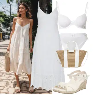 s hlubokým výstřihem Outfit s Krémová/Bílá/Šedá/Stříbrný Šaty Na Ramínko/Průhledné šaty/Letní Šaty/Mušelínové šaty/Bavlněné Šaty Pieces "Praktický vzhled"