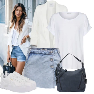 Zapínání na knoflíky Outfit s Světle modrá/Šedá/Modrá Košile Vysoký pas Kraťasy/Džínový Šortky/Mušelínové Šortky/Papírové Šortky/Šortky Only "Praktický vzhled"