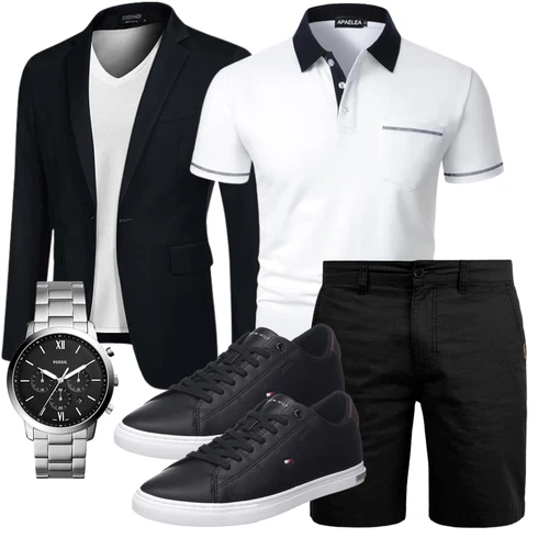 Basic Schwarz Hemd Chino Shorts/Leinen-short/Bermuda solid kombinieren