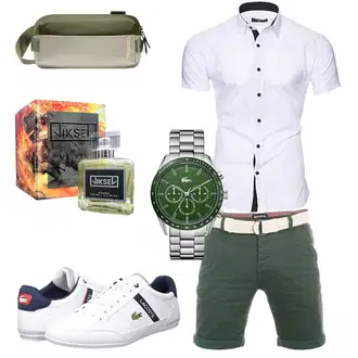 Old Money Outfit mit Grün/Dunkelgrün/Khaki Chino Shorts/Bermuda/Kurze Hose/Musselin Shorts Riverso "Elegant Outfit"Look: Moderne, Stil, Smart Casual, Coole, Dschungel, Preppy, Old Money