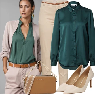 Outfit s Zelená/Tmavě zelená/Tyrkysový Saténová Halenka/Blůza s knoflíčkem/Hedvábná Halenka/Halenka se Stojatým Límcem Vila "Plážový outfit"