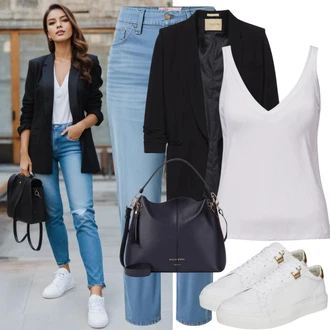 Džínovina Outfit s Světle modrá High Waist Džínové Kalhoty/Baggy Džíny/Džíny s Dírou/Girlfriend Džíny/Džíny Volného Střihu/Dad Džíny/Džíny Culottes/Zkrácené Džíny/Kožená bunda/Mom Jean/Džíny s Rozparkem/Boyfriend Džínové kalhoty/Formální Košile Drykorn "Elegantní Obchodní Vzhled"