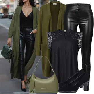 Italijanska outfit mit Črna Bluza brez Zapenjanja/Bluza z Dolgimi Rokavi/Čipkasta Tunika/Čipkasta Bluza/Usnjena jakna za moške/Izredna Bluza/Elegantna Bluza/Kvačkana tunika/Carmen Bluza/Bluza z zaplato na komolcu/Bluzasti Body olalook "Festni Šik Neformalen Videz"Look: Eleganten, Francoski, Španska, Italijanska, Mom, Plemenita