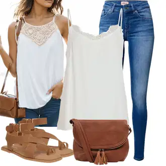 Outfit s Béžová/Hnědá Páskový Sandál/Sandál S T Páskem/Sandál Dianette/Římská sandála/Gladiátorská sandála About You "Praktický vzhled"