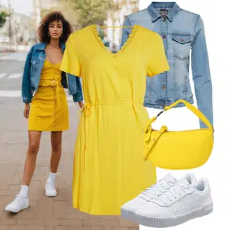 sviatočné Outfit sa Žuta Pamučna haljina/Platnena Haljina/Ležerna Haljina/Haljina košulja/Haljina tunika/Ljetna Haljina/Omotna Haljina/Haljina s Pojasom Vila "Outfit za svaki dan"Look: sviatočné, Preodjeven