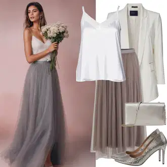 Elegantan Outfit sa Bijela/Smeđa/Ljubičasta/Krem Sako Jakna/Dvoredni Sako/Sakoi za Bluzu/Kožna jakna za muškarce/Kratki Sako/Elegantni Sako/Kožna jakna za muškarce/Sako od smokinga/Boyfriend Sako Trendyol "Glamurozni outfit s vjenčanim tilskim suknjom i gornjim dijelom"Look: Ured, Šik, Chic, Elegantan, Poslovni, Old Money, Pametno ležerno, klasický, Egirl, Burleska, Seksi