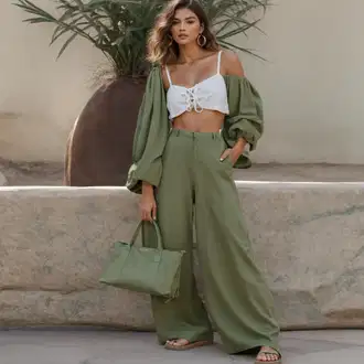 Outfit sa Zeleno/Neon boje Paperbag Hlača/Carrot Hlače/Hlače S Naborom/Hlače od muslina/Palazzo Hlača/Baggy Hlače/Lanene Hlače bianco lucci "Havajski festivalni kostim"
