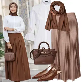 Outfit sa Smeđa/Kaki/Bež Suknja do Potkoljenice/Moderne Suknja/Kršćanska Suknja/Talijanska Suknja/Midi Suknja/Plisirana Suknja/Suknja Za Matični Ured Only "Hidžab odjeća ljeto"