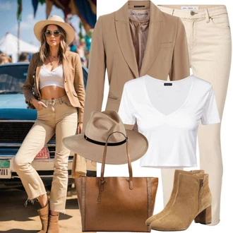 Casual outfits Gost na poroki mit Bež/Rjava/Khaki Poletni gležnjar/Usnjeni gležnjar/Nagubani Škorenj/Škornj z visokimi petami/Klasični gležnjar "Ideje za festivalski videz"