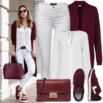 S Pertlanjem Outfit sa Bijela Bluza s Mašnom/Kožna jakna za muškarce/Bluza/Crash bluza/Bluza Kratkih Rukava/Razigrana bluza/Bodija Bluze/Bluza s Puf Rukavom/Slip-on Bluza/Bluza Vrh Pieces "Jesenski ležerni outfit"