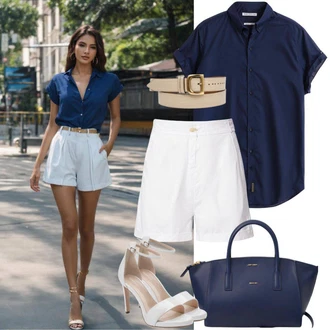 Zapínání na knoflíky Outfit s Bílá/Krémová Košile Lněný kraťas/Šortky/Chino Kraťasy/Mušelínové Šortky/Vysoký pas Kraťasy/Bermuda/Papírové Šortky United Colors of Benetton "Krátké Chino Kalhoty Outfit"