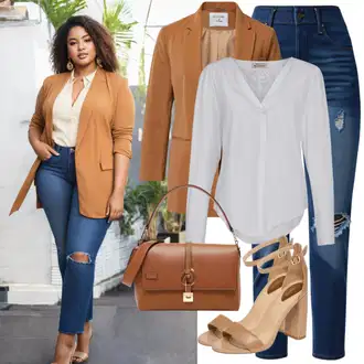 Outfit sa Tamnosmeđa/Smeđa Oversize Sako/Sako Jakna/Kožna Jakna za Muškarce/Kožna Jakna za muškarce/Elegantni Sako/Boyfriend Sako/Kožna Jakna/Pleteni Sako Pieces "Krivuljaste traperice Ljeto"