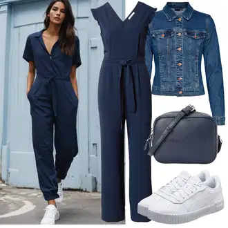 Šik Svatovski gost Outfit sa Plava/Tamnoplava Svečani Kombinezon/Elegantni Kombinezon/Ljetni Kombinezon/Vjenčanje Kombinezon/Kombinezon širokih nogavica About You "Outfit za svaki dan"Look: Ured, Pomorski, Šik, Jazz