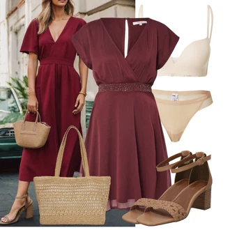Outfit s Červená/Tmavě červená/Fialová/Vínová Občanské šaty/Šaty na Podzim/Žerzejové Šaty/Skater šaty/Společenské šaty pro hosta/Empire šaty/Římské šaty/Šaty s Páskem/Šaty na Konfirmaci/Šaty Do Áčka/Plesové Šaty About You "Letní volnočasový outfit"