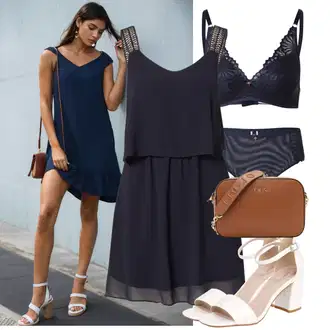 sviatočné Outfit sa Tamnoplava/Plava Haljina Na Naramenici/Ljetna Haljina/Maturalna Haljina/Haljina od Šifona/Platnena Haljina/Haljina Bez Rukava About You "Lagana odjeća"Look: Preodjeven, Babydoll, Rap, sviatočné, Sveučilišna, Jazz, 20-ih godina, Ekstravagantno, Romantičan