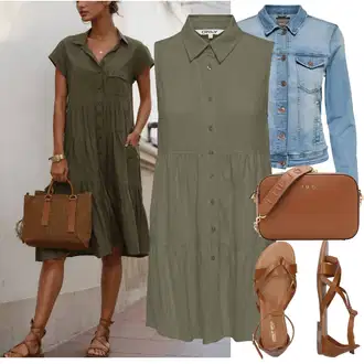 Nadrozměrné Outfit s Tmavě zelená/Khaki Košilové šaty/Šaty s Kapsou/Šaty S Kosticí/Šaty na safari Only "Výrazný letní vzhled"Look: Armáda, Námořní, Military, Příliš oblečený, Nadrozměrné, Safari, Pracovní oděvy