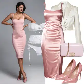 Výstřih na ramena Outfit s Růžová Babydoll Šaty/Saténové šaty Nasty Gal "Letní hostinský outfit pro matriční úřad"