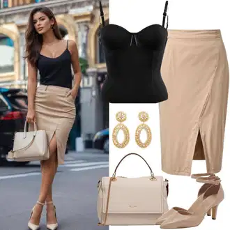 Outfit s Hnědá/Khaki/Béžová Midi Sukně/Sukně do Délky Lýtka/Pletená sukně/Tužková sukně/Sukně S Délkou Ke Kolenům/Moderní Sukně/Elastická Sukně Kaffe "Letní outfit pro svatební hosty"