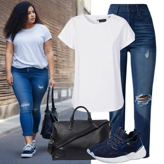 Midi Outfit s Tmavě modrá/Světle modrá Úzká Teniska/Kožené Tenisky/Nízká Teniska Kazar "Letní outfit s džínami"