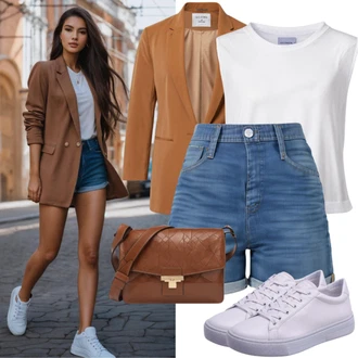 Outfit s Růžová/Černá/Fialová/Zelená/Hnědá/Tmavě šedá Kožená bunda pro muže/Dlouhý Sako/Boyfriend Sako/Dvojřadový Sako/Krátké Sako/Neformální Sako/Oversize Sako NA-KD "Letní outfit s kraťasy"