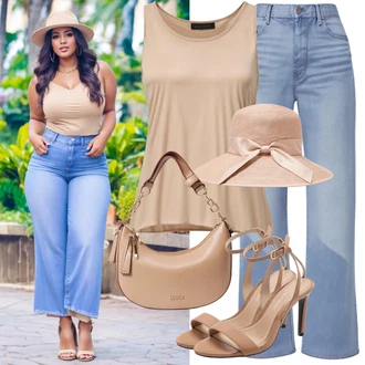 Outfit s Béžová Sandál Na Širokém Podpatku/Sandál Na Podpatku/Espadrilka na Podpatku/Platform Sandal/Bota s Platformou/Sandál s podpatkem/Přezková bota/Letní Bota Kazar "Letní párty outfit pro křivky"