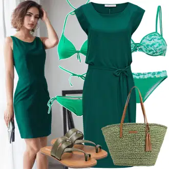 Outfit s Tmavě zelená/Světle zelená/Zelená Šaty v Délce do Lýtka/Midi Šaty/Žerzejové Šaty/Jednobarevné/Tričkové šaty/Volánové šaty/Šaty Niki/Bavlněné Šaty/Ležérní Šaty/Šaty S Kosticí Vila "Letní vzhled pro každý den"
