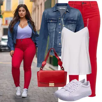 S zakovicama Outfit sa Svjetloplava/Krem/Plava Traper Jakna/Vintage Jakna/Kratka Traper Jakna Zadig & Voltaire "Ljetna odjeća Crvene hlače"Look: Motor, S zakovicama, Jahanje