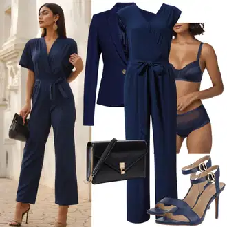 Šik Svatovski gost Outfit sa Tamnoplava Kombinezon s halterima/Plisirani Kombinezon/Kombinezon širokih nogavica/Elegantni Kombinezon/Ljetni Kombinezon Trendyol "Ljetna odjeća Elegancija"Look: Jazz, Disko, Seksi, Pomorski, Šik, 70-ich