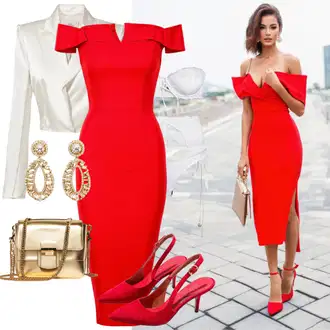 Elegantan Svatovski gost Outfit sa Crvena/Tamnocrvena Haljina karko "Ljetni odjevni izbor za spoj"Look: Elegantan, Mom, Preodjeven, Romantičan, Burleska
