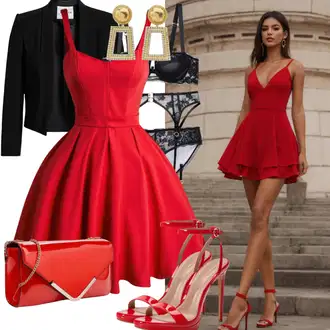 Outfit s Červená/Tmavě červená Šaty na tenké ramínko/Šaty Bez Ramínka/Šaty pro Svatebního Hosta/Zavinovací Šaty/Koktejlové Šaty/Odvážné Šaty/Šaty s Vodopádovým Výstřihem/Plesové Šaty/Párty šaty/Saténové šaty Jarlo "Minisukně letní outfit"