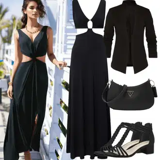 Slavnostní Outfit s Černá Šaty s Rozparkem/Žerzejové Šaty/Dlouhé Šaty/Šaty s výstřihem/Empire šaty/Maxi Šaty/Dlouhé Letní Šaty VIERVIER "Výrazný letní vzhled"Look: Slavnostní