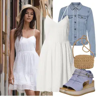Outfit s Bílá/Krémová Šaty Niki/Skater šaty/Šaty na Konfirmaci/Šaty Na Ramínko/Šaty na tenké ramínko/Šaty Ze Síťoviny/Šaty Do Áčka/Šaty Fit & Flare/Šaty s výstřihem/Sportovní Šaty/Krajkové Šaty/Letní Šaty VERO MODA "Hezký letní vzhled"