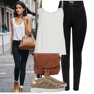 Outfit s Tmavě zelená/Béžová/Khaki/Hnědá Bota Teniska se Třpytkami/Kožené tenisky/Nízká Teniska/Úzká teniska/Teniska s dírkovaným vzorem/Teniska teddy Guess "Outfity na každý den"