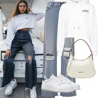 Outfit Inspo Poletje mit Modra/Roza/Svetlo modra Široke Kavbojke/Usnjena Moška Jakna/Šiškata Kavbojka/Široke Kavbojke/Culotte Kavbojke Tommy Jeans, Škrlatna/Bela/Rdeča/Krem/Mešane barve/Roza Pulover s kapuco s pol zadrgo/Športni pulover/Usnjena jakna Adidas "Motorji iz 90. let"