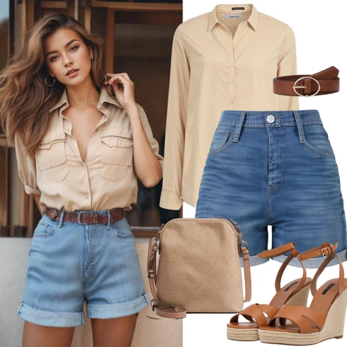 Kombinace Světle modrá/Tmavě modrá/Modrá/Hnědá Košile Džínový Šortky Pull&Bear