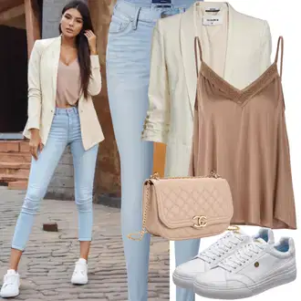 Outfit sa Bež/Bijela/Kaki/Narandžasta Oversize Sako/Dugi Sako/Sakoi za Bluzu/Kožna jakna za muškarce/Sako Jakna/Elegantni Sako/Kratki Sako/Boyfriend Sako/Kožna jakna za muškarce 3.1 phillip lim "Odjevni komplet s bijelim tenisicama ljeto"